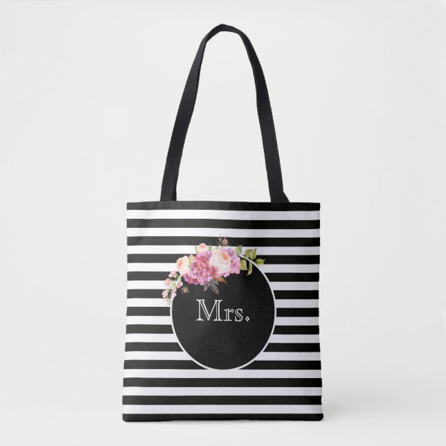 Bolsa Tote Sra. com Black & White Stripes e Flores (Frente)