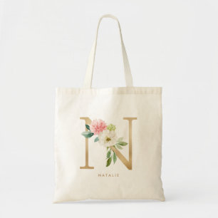 Bolsa Tote Sra. Floral Peony Letra N Monograma Damas de Honra