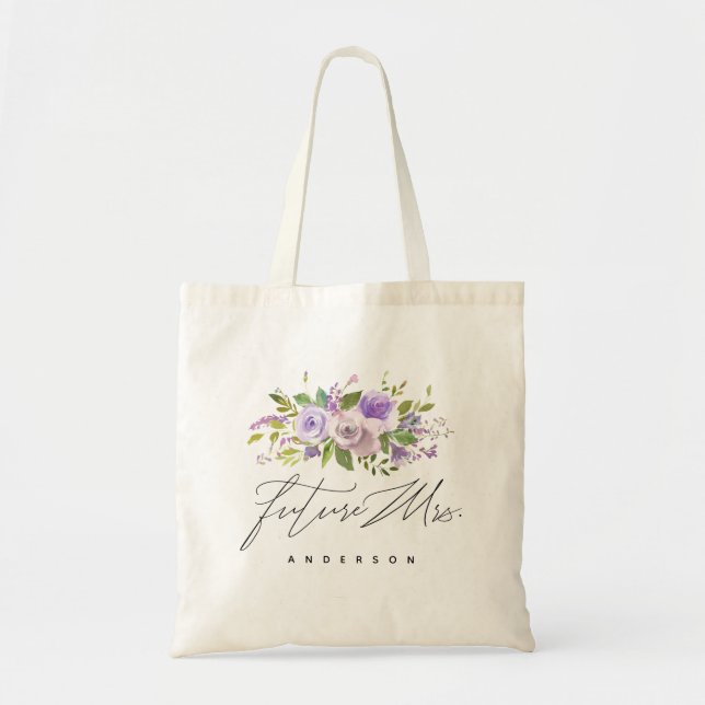 Bolsa Tote Sra. futura floral Caligrafia das hortaliças roxas (Frente)