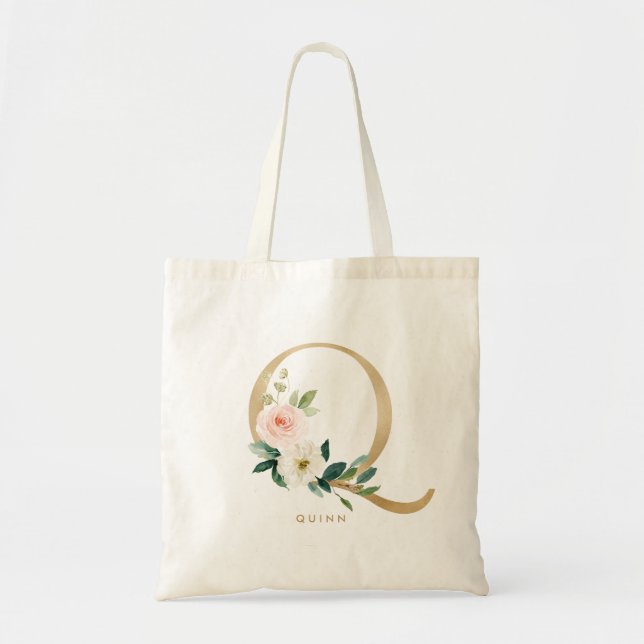 Bolsa Tote Sra. Peônia Floral Letra Q Monograma Dourado Padri (Frente)