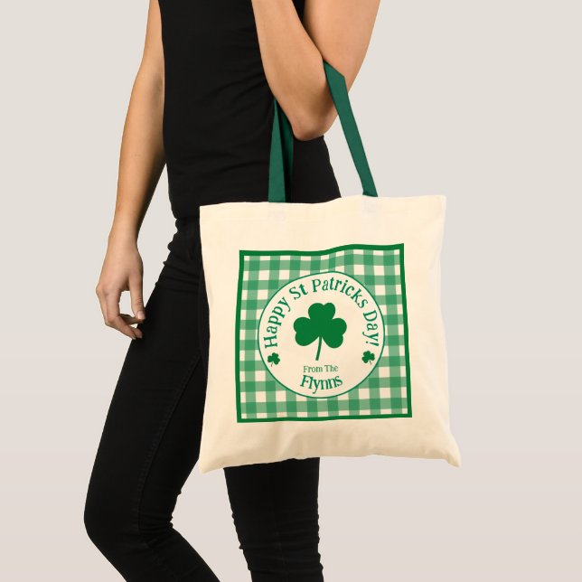 Bolsa Tote St Patricks Day NAME Irish Clover Green Check (Frente (produto))