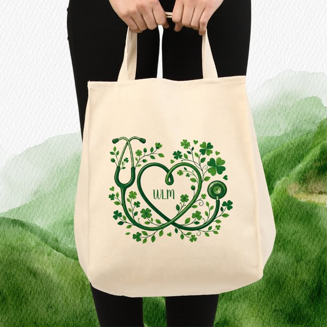 Bolsa Tote St Pattys Heart Clover Stethoscope Nurses Initials (Criador carregado)