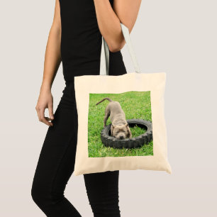 Bolsa Tote Staffy se divertindo com pneu,