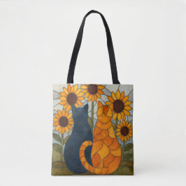 Bolsa Tote Stained Glass Cats and Sunflowers Art Design