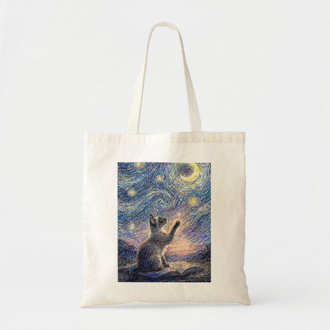 Bolsa Tote Starry Night Cat – Van Gogh Style Art  (Frente)