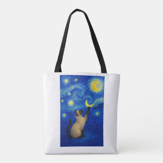 Bolsa Tote Starry Night Siamese Cat Moon 