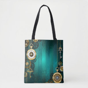Bolsa Tote Steampunk Jewelry Watch em um fundo verde