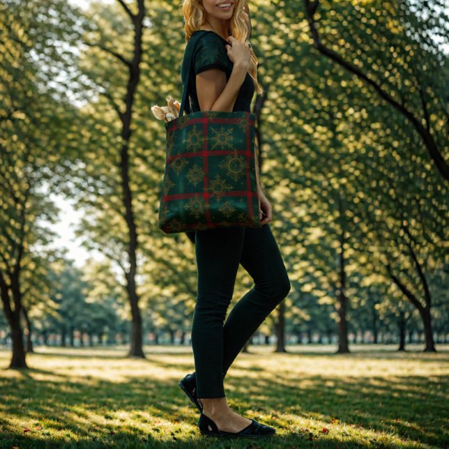 Bolsa Tote Steampunk Snowflake Red and Green Tartan (Criador carregado)