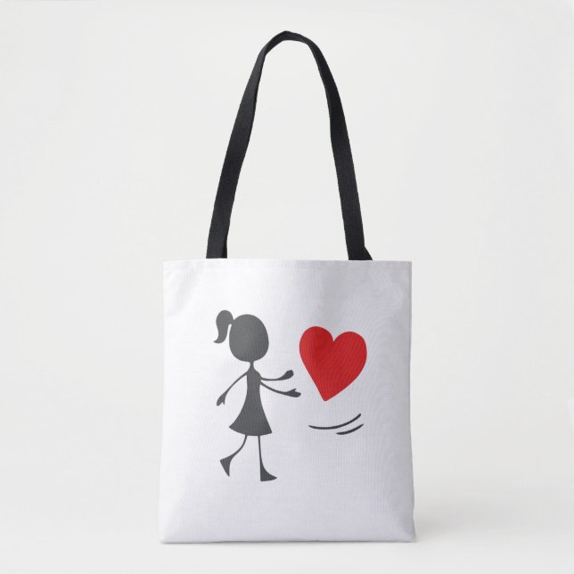 Bolsa Tote Stick Figure Girl Catching Heart Graphic Tee (Frente)