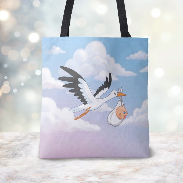 Bolsa Tote Stork Carrying a Baby Cloudy Sky (Criador carregado)