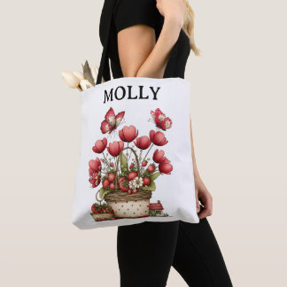 Bolsa Tote Strawberry Flower Basket with Butterflies and Name