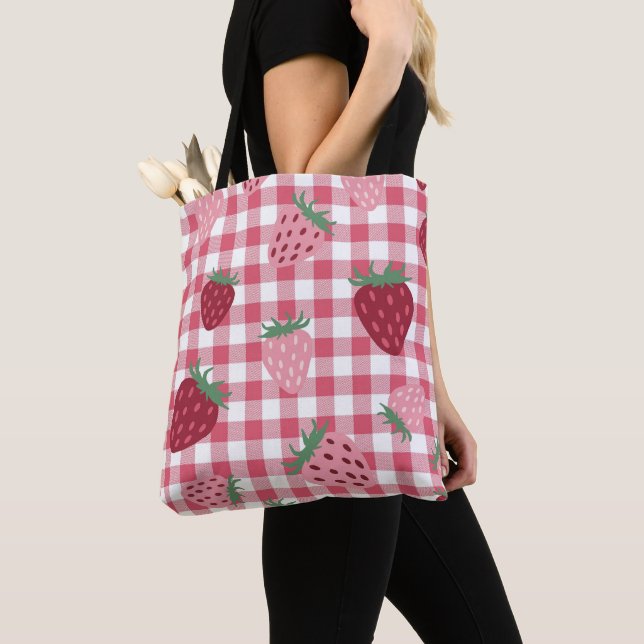 Bolsa Tote Strawberry Gingham Pattern (Close Up)