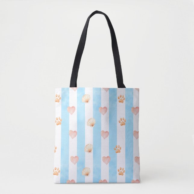 Bolsa Tote Stripe Azul e Branco - Corações, Impressão de Vaca (Frente)