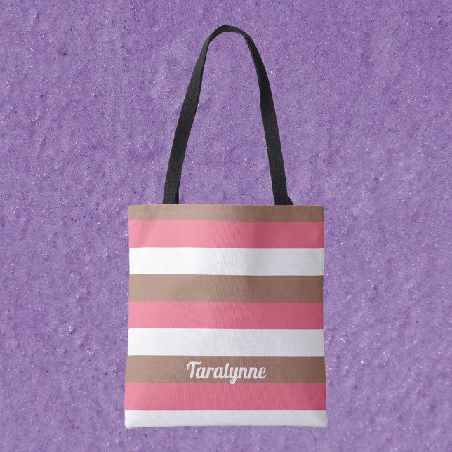 Bolsa Tote Stripes Mocha Castanho Cor-de-Rosa Personalizar (A tote bag with pink, brown and white pattern with text you can customize!)