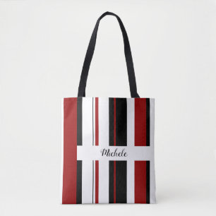 Bolsa Tote Stripes Verticais Pretas Vermelhas e Brancas Per