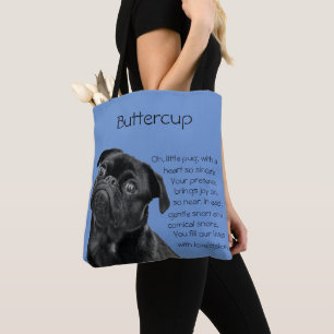 Bolsa Tote Sua Foto e palavras Pug Preto Filhote com Poema