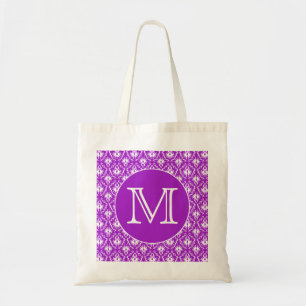 Bolsa Tote Sua letra. Teste padrão roxo e branco do damasco