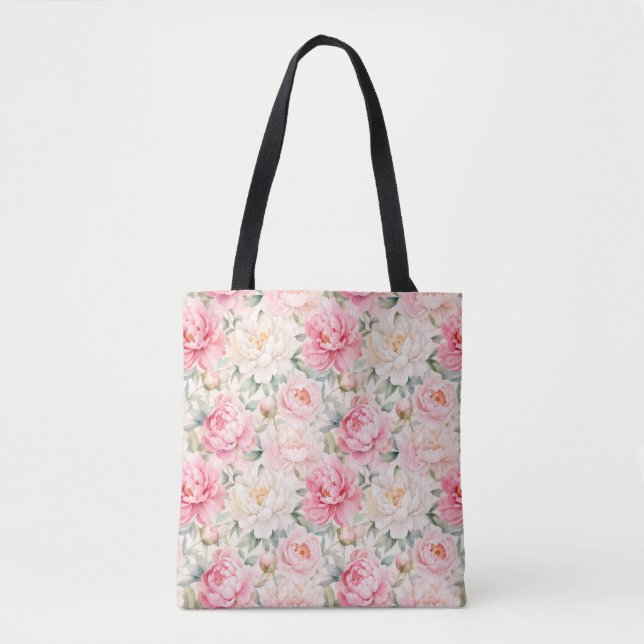 Bolsa Tote Suaves Flores de Peônia em Aquarela com Tons Pasté (Frente)