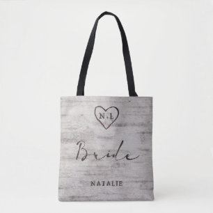Bolsa Tote Suecas talhadas, Rustic Birch Monograma Bride