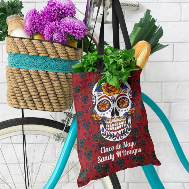 Bolsa Tote Sugar Skull Cinco de Mayo Adicionar Nome All-Over- (Sugar Skull Cinco de Mayo Add Name All-Over-Print Tote Bag)