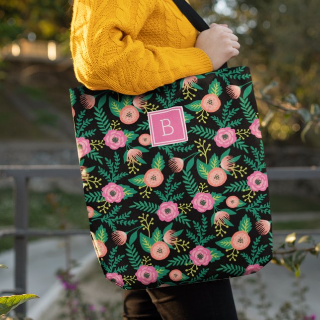 Bolsa Tote Summer Blooms | Monograma Floral Rosa (Criador carregado)