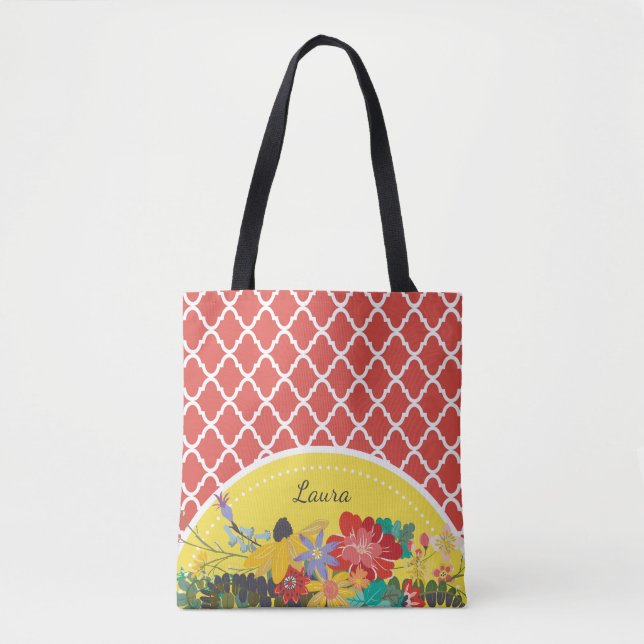 Bolsa Tote Summer Fiesta Red Floral Quatrefoil Com Nome (Frente)