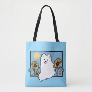 Bolsa Tote Summer Happy Spitz Dog sentado com Sunflower