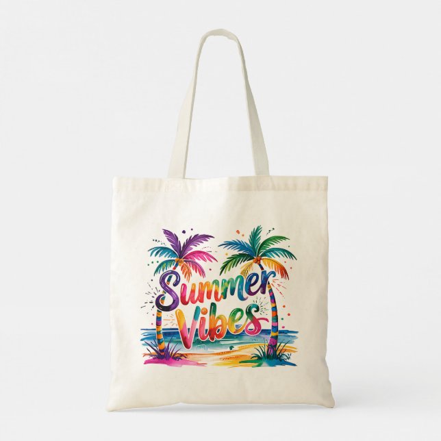 Bolsa Tote Summer Vibes Coloridos Palmeiras Tropicais Oceano (Verso)