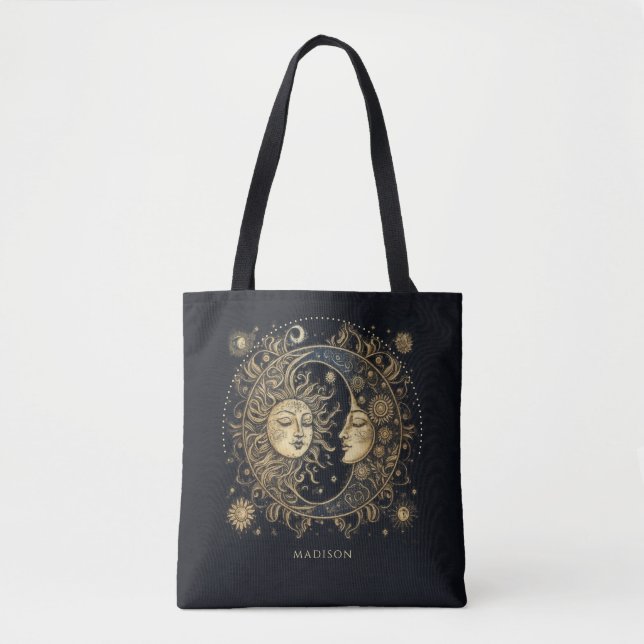 Bolsa Tote Sun Moon Stars Celestial Personalizado Negro (Frente)