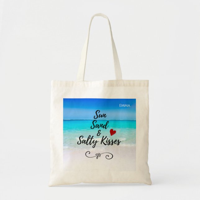 Bolsa Tote Sun Sand e Salty Kisses Tropical Beach Personaliza (Frente)