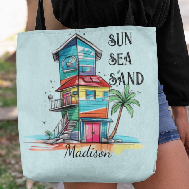 Bolsa Tote Sun Sea Sand Beach House Name (Criador carregado)
