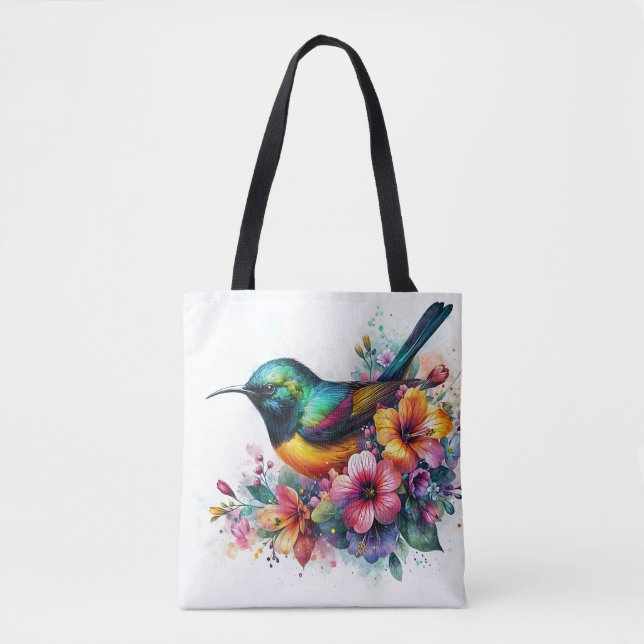 Bolsa Tote Sunbird Watercolor Arte Floral (Frente)