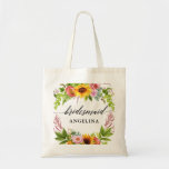 Bolsa Tote Sunflower Boho Floral Calliografia Bridesmaid<br><div class="desc">Roteiro de Caligrafia Moderna,  Watercolor Sunflower Boho Floral com Rosas,  Peonies e Casamento Verde Bridesmaid Tote Bag</div>