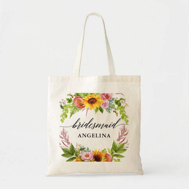 Bolsa Tote Sunflower Boho Floral Calliografia Bridesmaid (Frente)