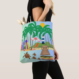 Bolsa Tote Sunny Beach Island Turtles Lighthouse Impressão