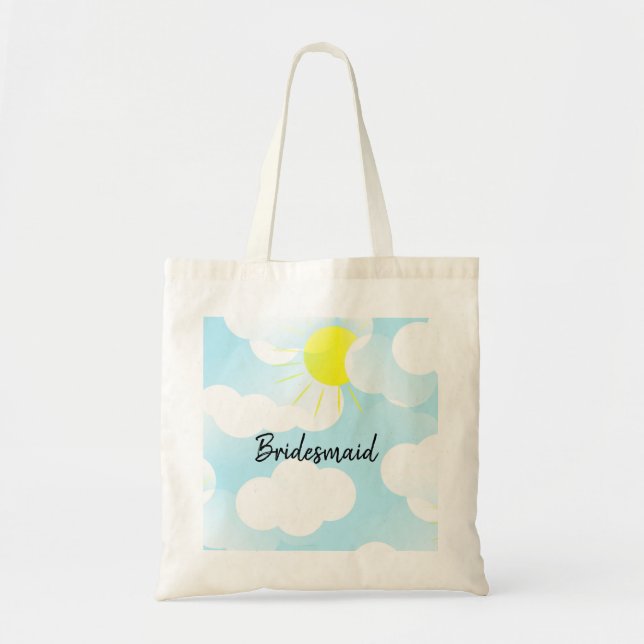 Bolsa Tote Sunny Blue Summer Sky com Nuvens Nome de Bridesmai (Frente)