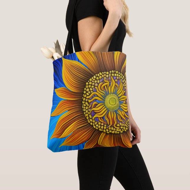 Bolsa Tote Sunny Sunflower russo em azul (Close Up)