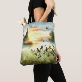 Bolsa Tote Sunrise Church with Birds in Misty Meadow No Verse