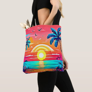 Bolsa Tote Sunset de praia tropical com arco-íris