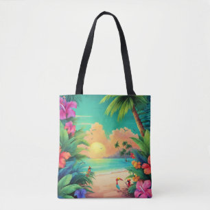 Bolsa Tote Sunset de praia tropical com flores de Hibiscus