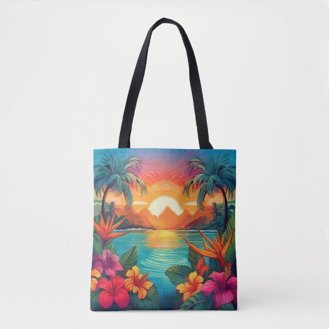 Bolsa Tote Sunset tropical vibrante com Palmeiras e Flor (Frente)