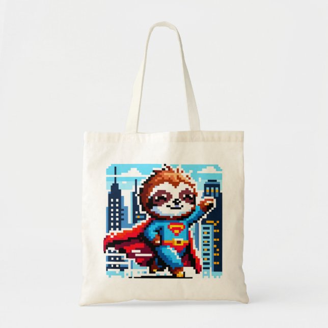 Bolsa Tote Super Sloth Funny Pixel Art Hero Cityscape Design (Frente)