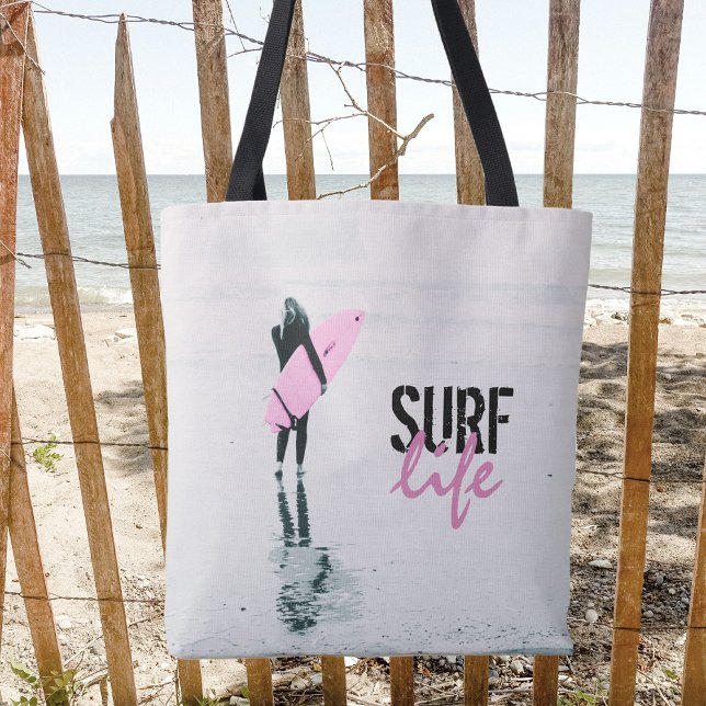 Bolsa Tote Surfer Girl Pink Surfboard Surf Art (Criador carregado)