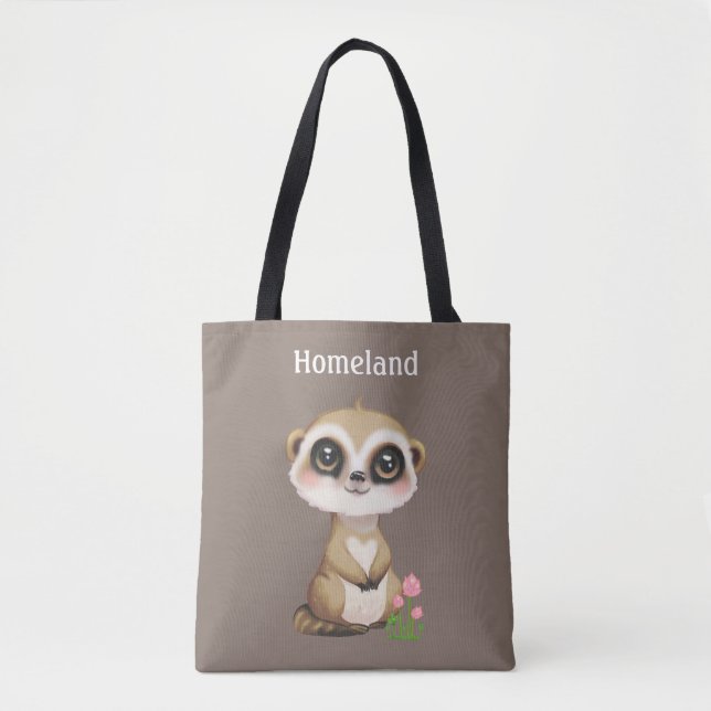 Bolsa Tote Suricata e Flores em Bege Personalizado (Frente)