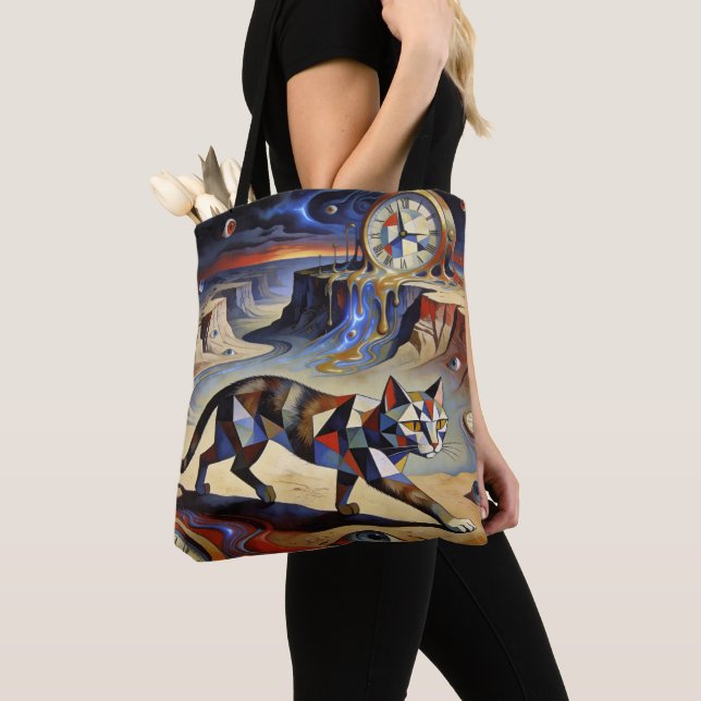 Bolsa Tote Surreal Cat Melting Clocks Dali Picasso Inspired (Close Up)