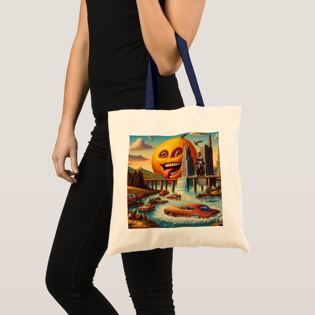 Bolsa Tote "Surreal Cityscape com Sol Antropomórfico" (Frente (produto))
