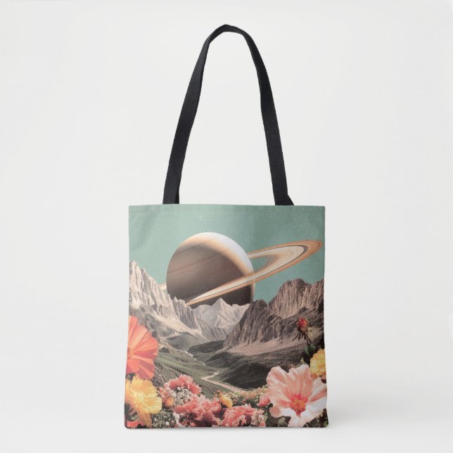 Bolsa Tote Surreal Saturno Sobre Vale De Montanha (Frente)