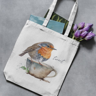 Bolsa Tote Sweet Orange Robin Bird Teacup Watercolor