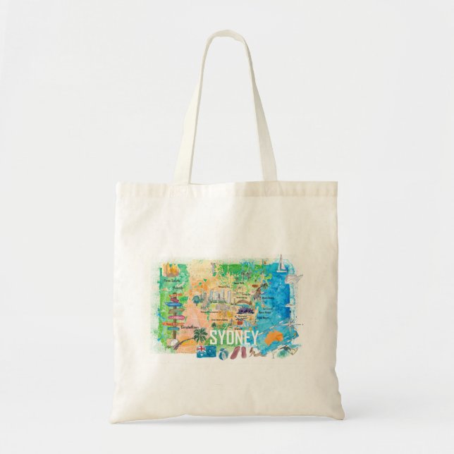 Bolsa Tote Sydney Austrália Ilustrou Mapa com Pontos de Vista (Frente)