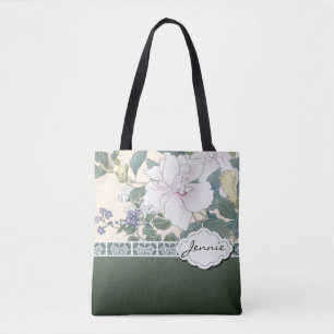 Bolsa Tote T Kônan Wood Block Impressão "Hibiscus and Browall